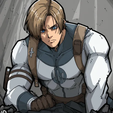 masterpiece, best quality, newest, absurdres, highres, mark_gavatino, mark gavatino style, VILTFit-V1.0-Withemblem, VILTemblem-V1.0, bodysuit, white bodysuit, 1boy, leon s. kennedy, brown hair, blue eyes, gloves,