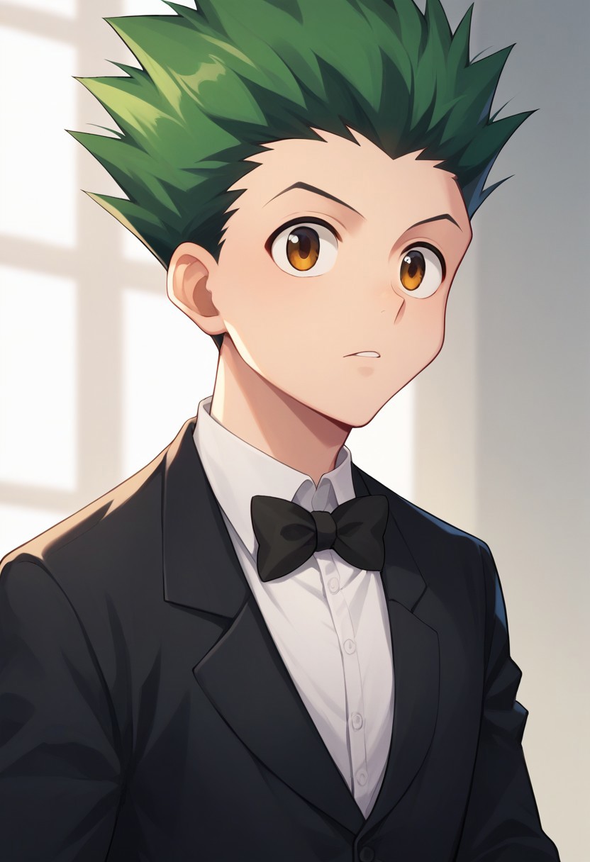 score_9, score_8_up, score_7_up, source_anime, highly detailed,
gonfreecs, solo, 1boy, male focus, green hair, spiked hair, formal, suit, bow, bowtie, shirt, white shirt, collared shirt, black jacket, black pants, upper body,
indoor