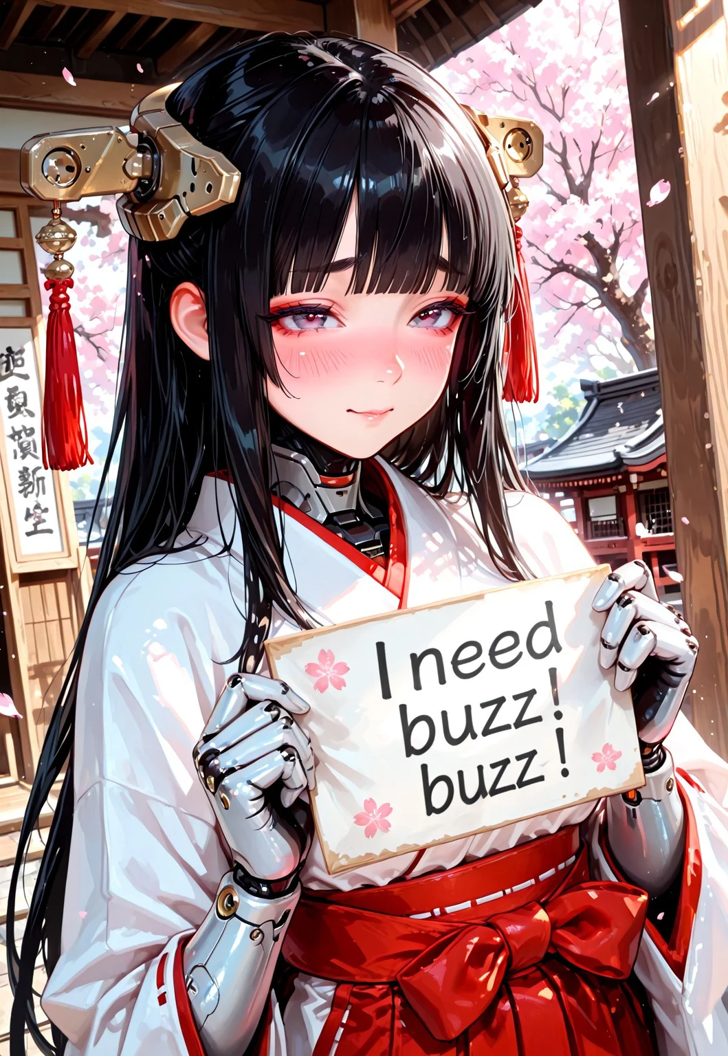 score_9,(masterpiece, best quality, dynamic angle), Best Quality,8k, 1girl,18years old,humanoid,cute,(kawaii),blunt bangs, long black hair, miko girl,
BREAK
need_buzz, holding sign by japanese paper, cute thick round eyebrows, white juban and red hakama, shy expression, blushing, greeting earnestly, bright spring sunlight, clear refreshing day, cherry blossoms fluttering, traditional Japanese shrine background, soft lighting, delicate atmosphere, heartwarming scene,
break,
mechanical face skin,white mechanical head gear parts,(white mechanical skin,white mechanical arms and hands:1.1),mechanical upper breasts,
break,
(close-up face:1.4),