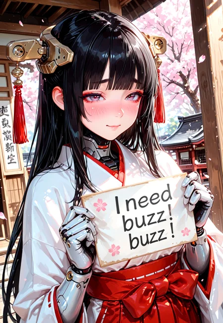 score_9,(masterpiece, best quality, dynamic angle), Best Quality,8k, 1girl,18years old,humanoid,cute,(kawaii),blunt bangs, long black hair, miko girl, 
BREAK
need_buzz, holding sign by japanese paper, cute thick round eyebrows, white juban and red hakama, shy expression, blushing, greeting earnestly, bright spring sunlight, clear refreshing day, cherry blossoms fluttering, traditional Japanese shrine background, soft lighting, delicate atmosphere, heartwarming scene,
break,
mechanical face skin,white mechanical head gear parts,(white mechanical skin,white mechanical arms and hands:1.1),mechanical upper breasts,
break,
(close-up face:1.4),