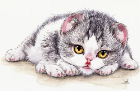 Sharp image of a rough sketch, rendered in vibrant multi colour ballpoint pen, capturing the adorable features of a close-up of a cat lying on a concrete surface. The cat appears to be a Scottish Fold breed, with white and black stripes on its body. It has a round face with yellow eyes and a pink nose. Its ears are perked up and its mouth is slightly open, as if it is looking directly at the camera. Its paws are stretched out in front of it, and it is resting its head on its front paws. The background is blurred, so the focus is on the cat's face.  p3nsk, <lora:p3nsk:1>