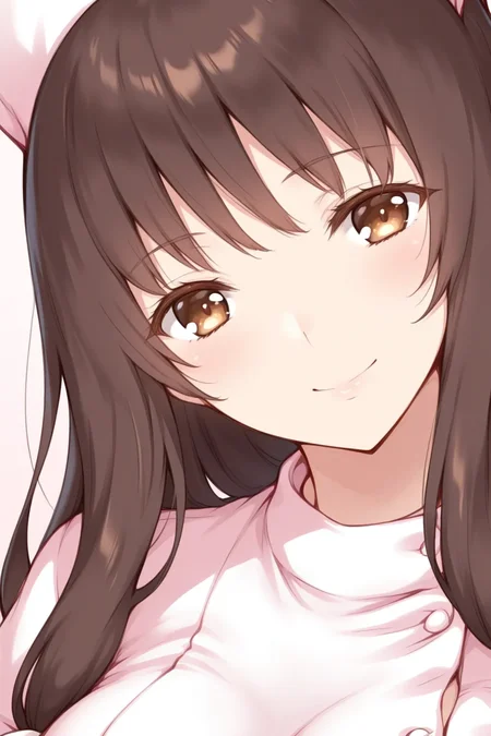 masterpiece, best quality, 1girl, solo, upper body, from front, <lora:4863790872_ilxl:0.9>, 4863790872_ilxl, hp_mashiro, brown hair, brown eyes, long hair
, nurse, smile, looking at viewer