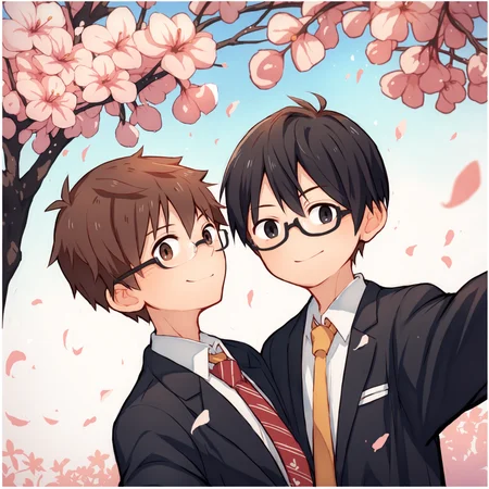 score_9, score_8_up, score_7_up, score_6_up, source_anime, circle background, white border, outdoors, from below, sakura, cherry blossoms, dutch angle, 2boys, black hair, black eyes, glasses, brown hair, brown eyes, school uniform, black jacket, necktie, standing, selfie, taking a picture, smile <lora:maruikotatsu-amxl-v1b-ShoAI:1>