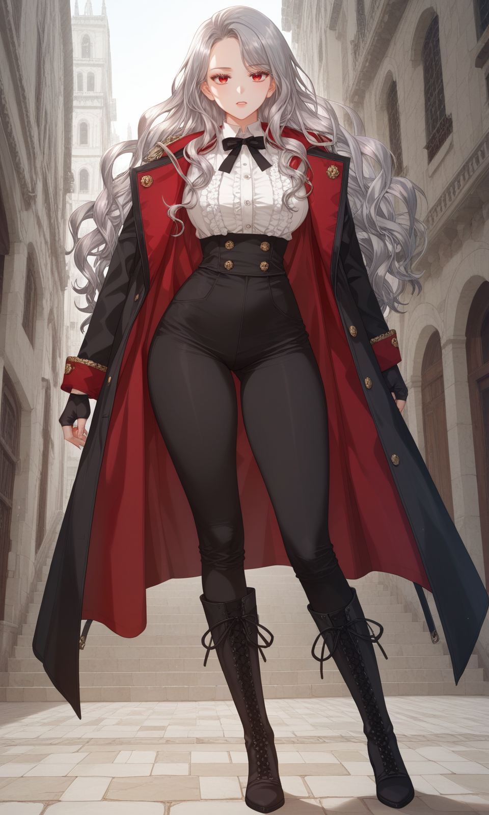 zPDXL3, score_9_up, score_8_up, score_7_up, (Anime_source),Masterpiece,(perfect female body:1.2), small waist,(incredibly detailed:1.4), slim, beautiful fingers, beautiful white skin, Beautiful clear skin, (huge breasts:1.1) (large breasts:1.1) (thick thighs:1.5)looking at viewer, big breasts, ass, perfect ass, arne, 1girl, red eyes, grey hair, long hair, wavy hair<lora:Arne_-_Lips_On_The_Tip_Of_a_Knife__ManhwaWebtoon-000005:1> gloves, red eyes, fingerless gloves, pants, jacket, standing, (high boots:1.5) military uniform,