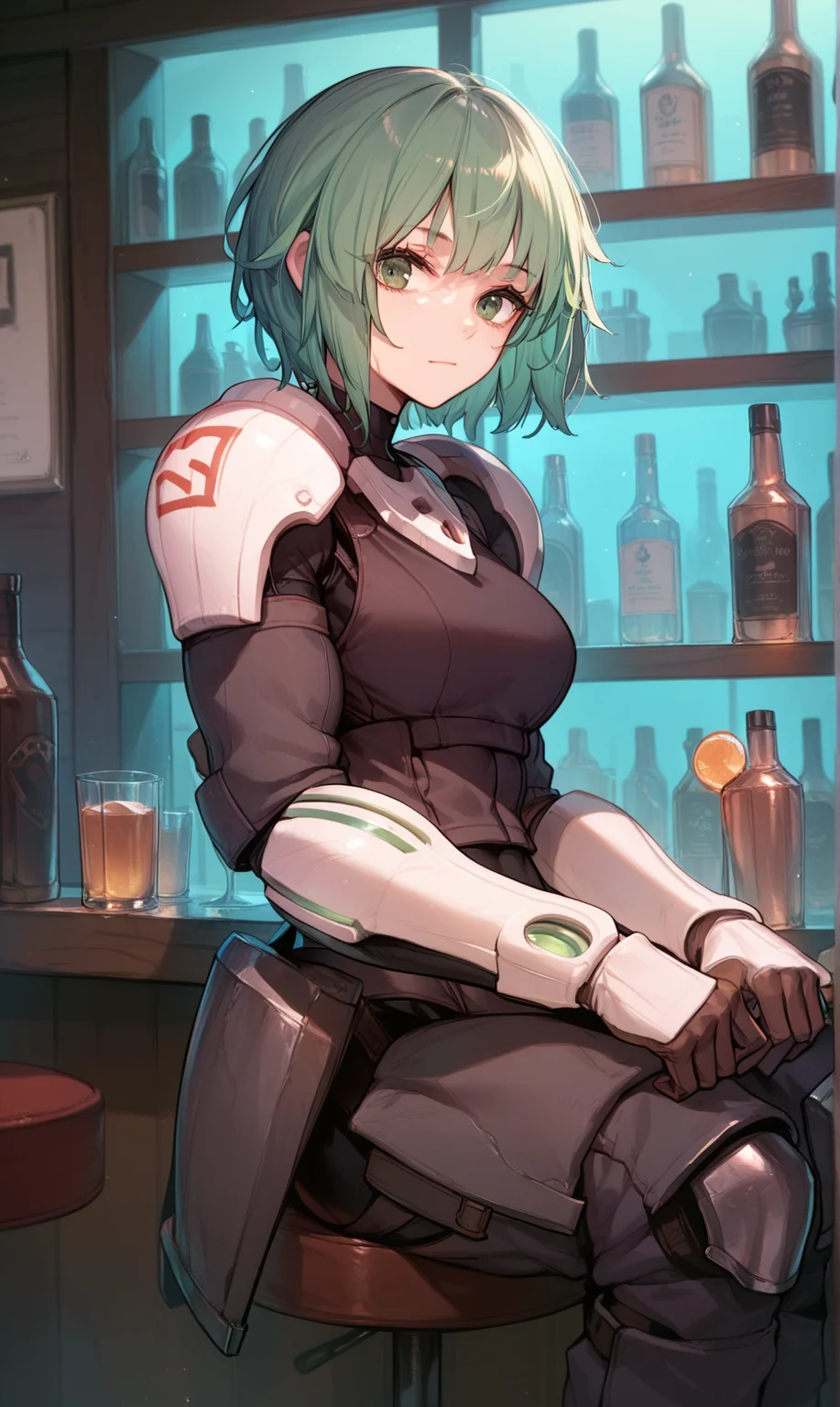 (score_9,score_8_up,score_7_up,score_6_up,score_5_up),1girl, muscular, solo, short hair, armor, green eyes, green hair, looking at viewer, closed mouth, gloves, bar \(place\), night, bar stool, alcohol, sitting, sei asagiri, <lora:VA-11 Hall-A-xl:1>