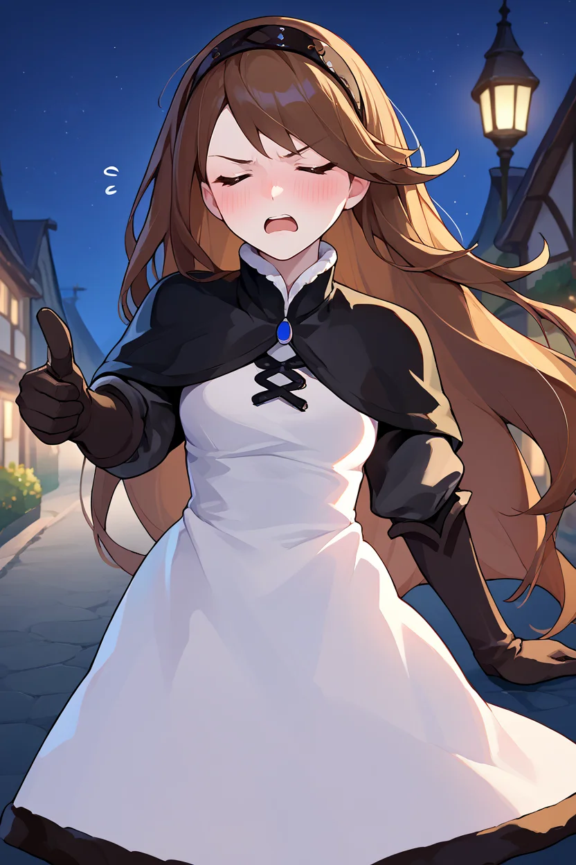 score_9, score_8_up, score_7_up, score_6_up, source_anime, BREAK 1girl, solo, <lora:agnesoblige-pdxl-nvwls-v1-000005:1> defagnes, brown hair, long hair, hairband, black capelet, white dress, cross-laced dress, black sleeves, black gloves, elbow gloves, closed eyes, open mouth, blush, embarrassed, pointing at you, night sky, night, village, annoyed, medium breasts