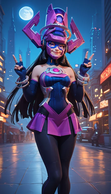 zPDXL3,<lora:LunarCAT_Style:.8>, <lora:GalactaMR:.7>,
galactamr, woman, purple eyes,helmet,black hair,long hair, medium breasts, bracelet,fingerless gloves,elbow gloves, purple dress,chest jewel, mini skirt, black leggings, looking at viewer, smiling, standing, peace sign, outside, city, night time, moon,