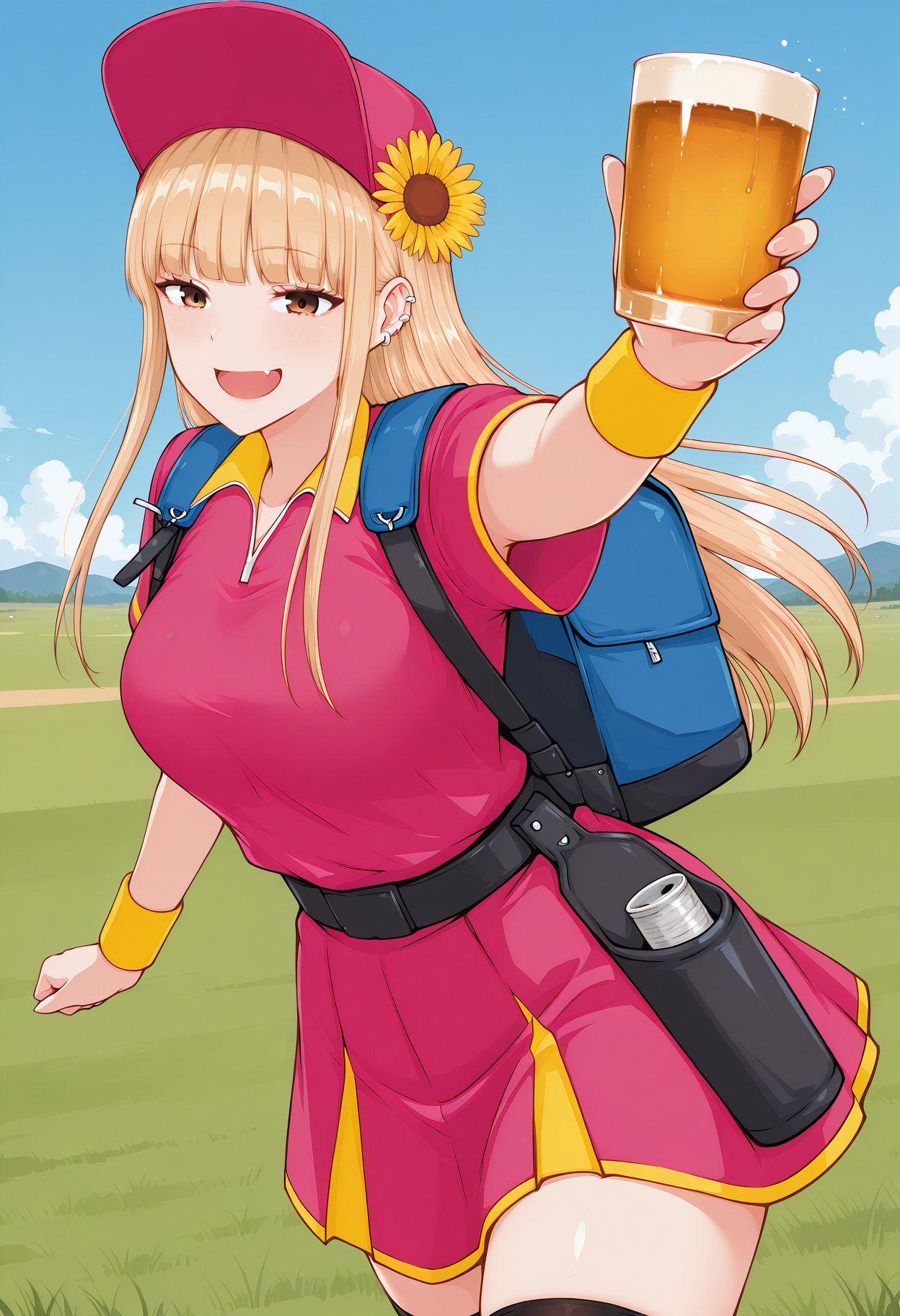 blue backpack, belt, pouch, holding cup, alcohol, 
ruriko, fang, brown eyes, blonde hair, long hair, blunt bangs, ear piercing, hair flower, pink cap, yellow wristband, pink shirt, short sleeves, pink skirt, black thighhighs, zettai ryouiki, <lora:ruriko_illustrious_ver2:0.8> 
smile,, masterpiece, best quality, sensitive,, 1girl, solo, blue sky, (grasslands:1.2), looking at viewer,, (cowboy shot, dynamic pose:1.4),