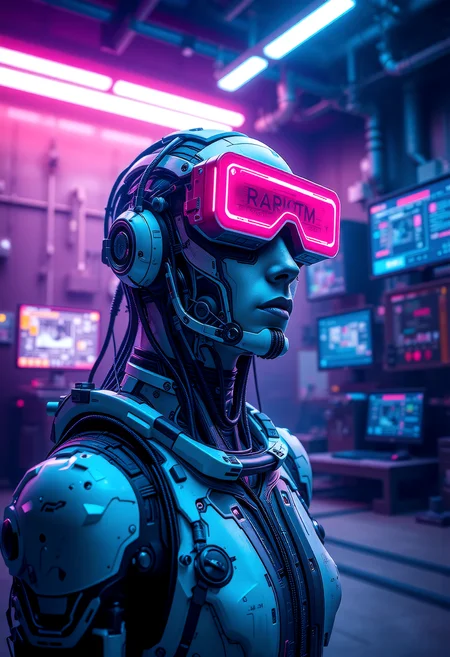 A close-up of a cybernetic character with intricate facial implants and neon-lit goggles. The setting is indoors in a sterile, industrial room with clean surfaces and crisp lighting. The lighting is vibrant, emphasizing blue and pink neon glows for a cool, digital atmosphere. Surfaces and materials in the environment are textured with industrial metal panels and clean concrete for a non-reflective look. Monitors and screens display complex data with bright, crisp visuals and no glistening reflections. The atmosphere is dry, focused on cybernetic detail and precision. Characters are posed in confident, tech-focused positions, standing tall or working intently with their surroundings.   <lora:scifi/fluxPunk_v11:0.8> <lora:scifi/RM Robotify v0.7M.safetensors:0.7>,  <lora:art and styles/MysticFantasy.safetensors:1.0>,  <lora:flux/flux_realism_lora.safetensors:1.0>,