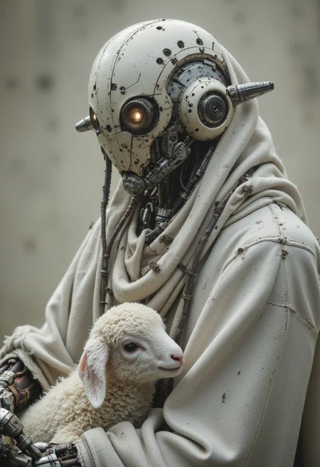 sideview, super closeup portrait, The Shepard robot sits quietly in a secluded spot with a little realistic lamb on its lap, Describe the melancholic scene of a light mudded dirty hooded noface sci-fi sheep-robotic shepherd cyborg draped in a muddy torn thick white bedouin linen cloak.  Its face remains concealed, and the large hooded cape over its head is made of coarse, thick, dirty, torn and worn white linen fabric. It exudes a silent presence, as the surroundings are permeated with a blend of solitude and tender moments of affection. cables, wires, very detailed, light film grain