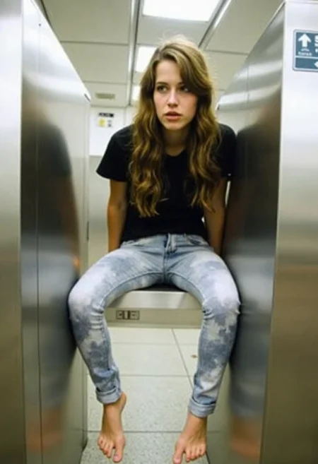 Young woman, late teens to early 20s, fair-skinned, wearing a black t-shirt, tie-dye skinny jeans, seated on a subway turnstile, casual pose, bare feet, long wavy brown hair, minimal makeup, natural look, relaxed expression, indoor setting, subway station environment, metallic surfaces, fluorescent lighting, blurred background, slight overexposure, amateurish quality., 