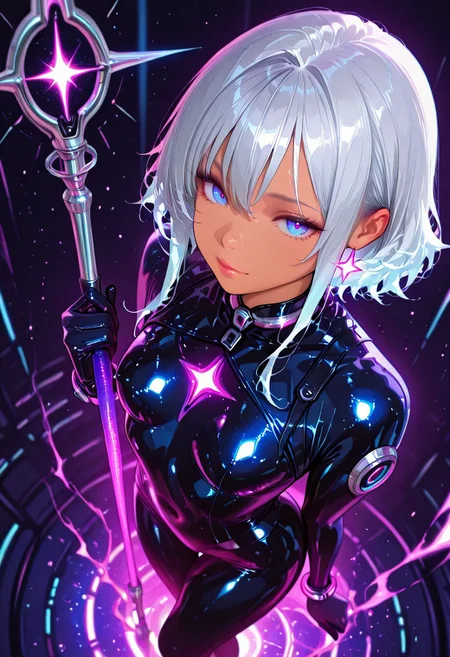 1girl, long silver hair, flowing, tan skin, small breasts, firm, glowing skin, latex bodysuit, glowing staff in hand, posing with confidence, looking at viewer, from above
BREAK
void tower, glowing starry void, swirling mist, neon pulses
BREAK
realistic anime style, ultra-detailed, 8K, absurdres, neon colors, depth of field, cinematic lighting, high contrast, cosmic glow, sharp outlines, rich details, stellar charm
BREAK
masterpiece, ultra-detailed, 8K, vivid colors, source_realistic:1.6, score_9_up, score_8_up:1.3, anime style, vibrant colors, high contrast, dynamic light, warm glow, sharp outlines, rich details, seductive atmosphere