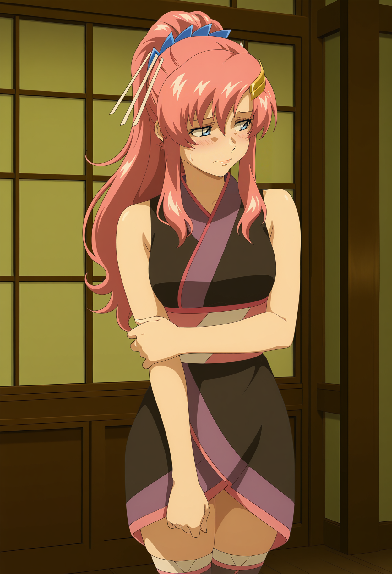 1girl,solo,mm,mature female,pink hair,long hair,hair ornament,blue eyes,anime coloring,
ponytail,kimono,short kimono, bare shoulders, thighhighs, hand on own arm, embarrassed, looking to the side, indoors
,masterpiece,best quality,amazing quality,<lora:Lacus_Clyne-Gundam_SEED_Freedom_r1:0.8>