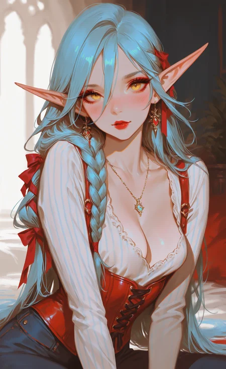 masterpiece, best quality, good quality, very aesthetic, absurdres, newest, 1girl, solo, long_hair, breasts, blush, shirt, long_sleeves, ribbon, hair_between_eyes, cleavage, jewelry, very_long_hair, sitting, medium_breasts, blue_hair, white_shirt, yellow_eyes, braid, hair_ribbon, earrings, pointy_ears, pants, necklace, red_ribbon, lips, makeup, elf, corset, striped_shirt, red_lips, looking_at_viewer, <lora:ponyv4_noob1_2_adamW-000017:0.7> <lora:USNR_STYLE_XL_lokr:1>