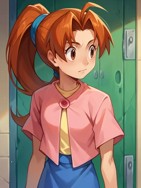 score_9, score_8_up, score_7_up, score_6_up, score_5_up, <lora:DeliaKetchumXLP:1> delia ketchum, 1girl, orange hair, brown eyes, solo, ponytail, skirt, shirt