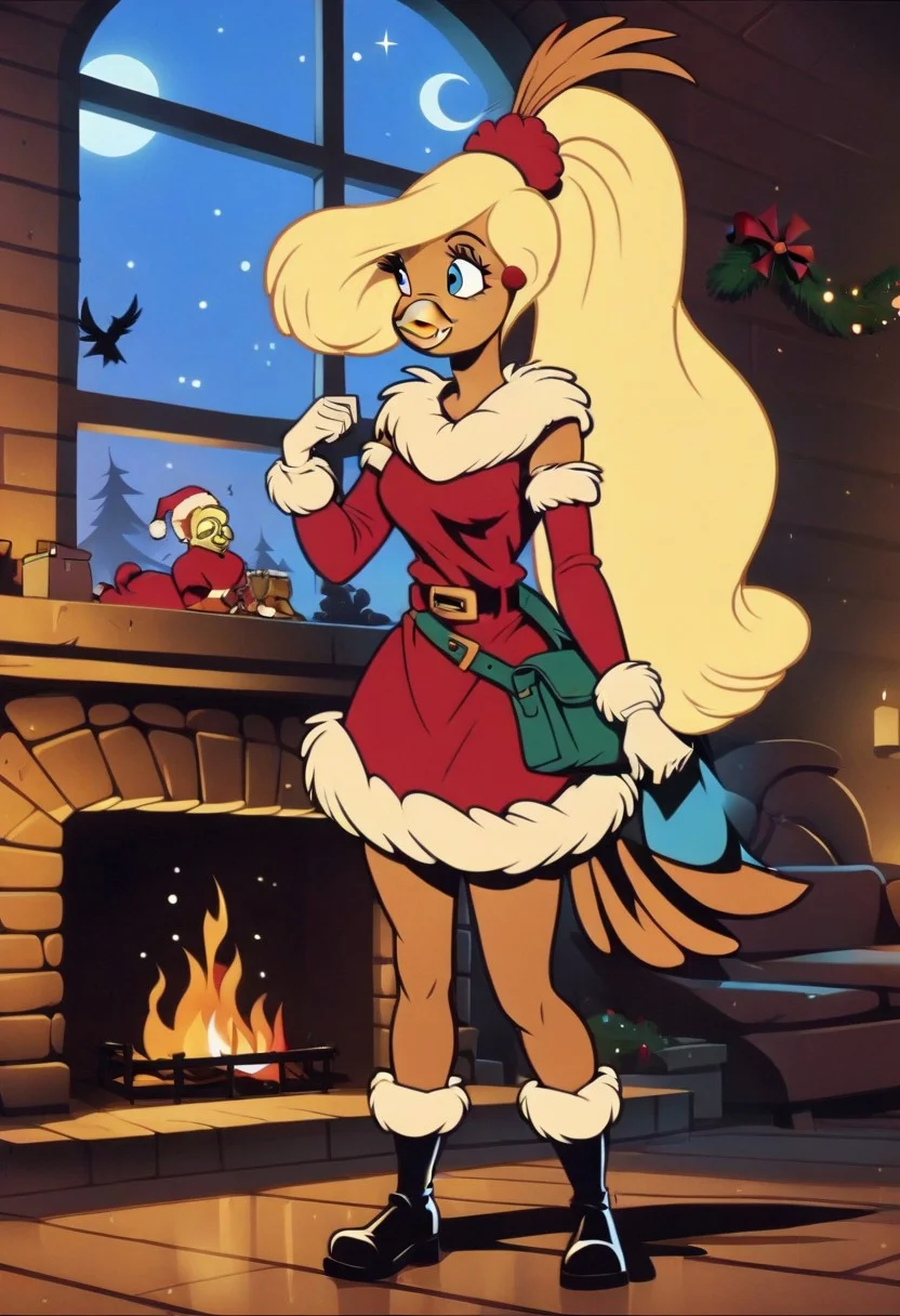 Goldie, big hair, beak, bird girl, solo, blonde hair,bird girl, long hair,1girl, red dress, furry female, dress, smile, furry, solo, christmas,blue eyes, fur, night, fur trim, fire, fur-trimmed dress, long sleeves, window, breasts, boots, santa costume, standing, black footwear, fireplace, gloves, fur-trimmed sleeves,blonde hair, sky, star \(sky\), bag, alternate costume, looking to the side, closed mouth, night sky, belt, happy, santa dress, small breasts, indoors, medium breasts
score_9, score_8_up, score_7_up, score_6_up <lora:GoldieRockaPony1.0:0.8>