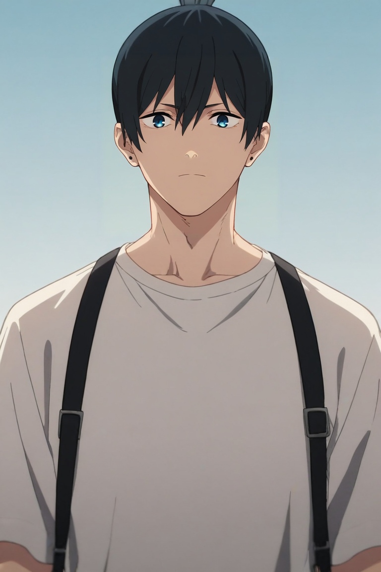 score_9, score_8_up, score_7_up, source_anime, rating_safe, intricate details, anime screencap, , , looking at viewer, , 1boy, solo, male focus, <lora:aki_hayakawa_pony:0.82>, aki_hayakawa, black hair, blue eyes, bangs, hair between eyes, , weapon on back, , ,, <lora:sdxl_lightning_8step_lora:1>