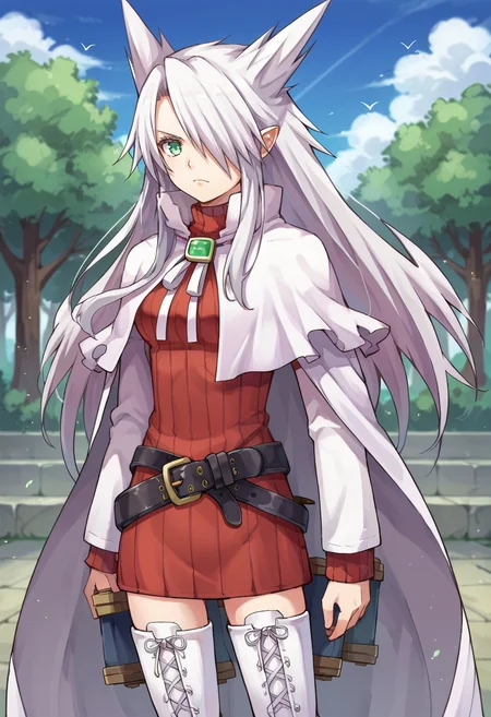 score_9,score_8_up,score_7_up,score_6_up,score_5_up,score_4_up,anime coloring BREAK source_anime,anime,<lora:Aty_Summon_Night_3_Pony_v2:0.8>,aty,1girl,solo,green eyes,white hair,hair over one eye,hair flaps,long hair,red sweater,white cape,belt,thigh boots,white footwear,serious,posing,outdoors,
