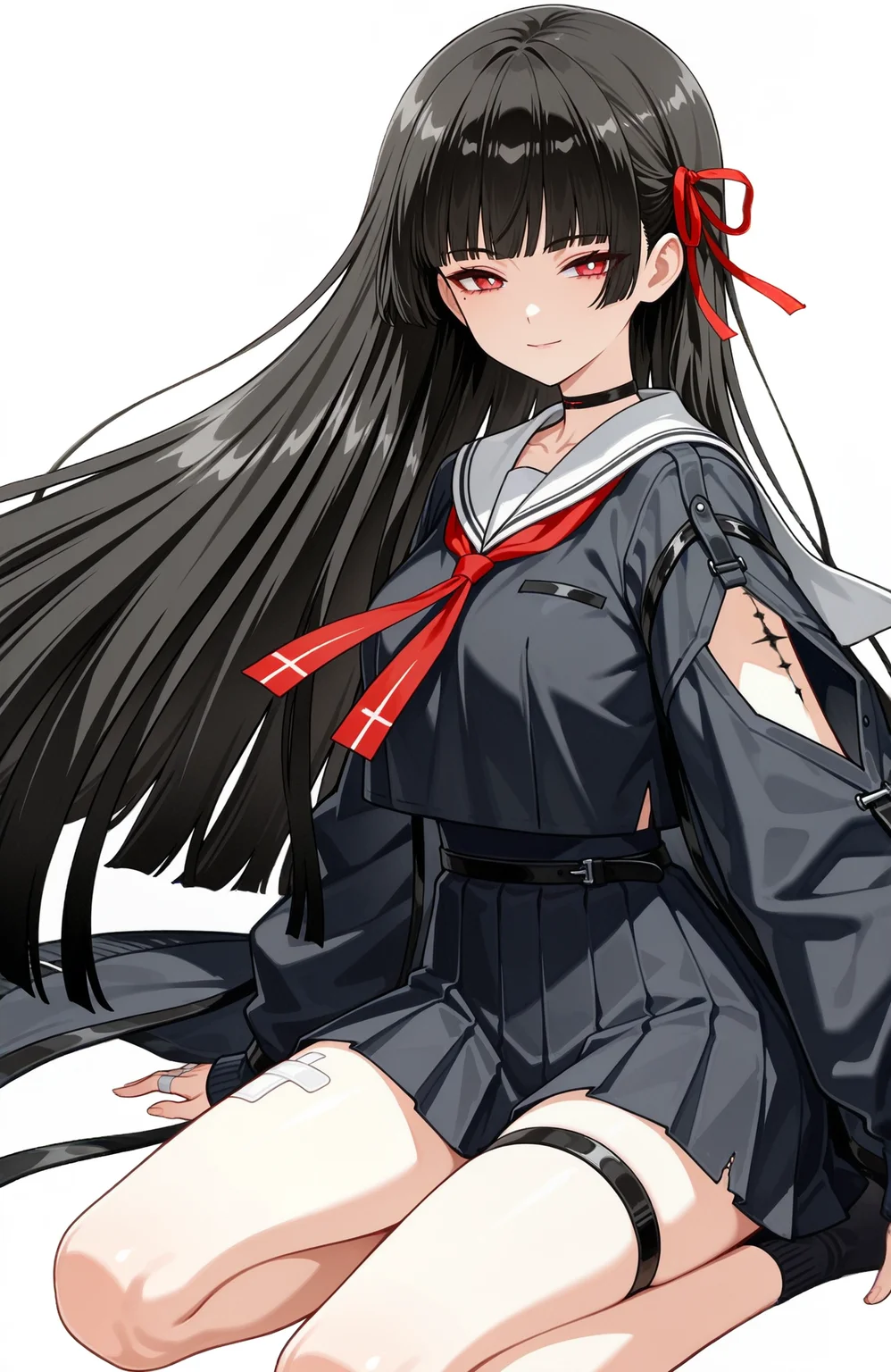 (1girl,solo:1.3),(black hair,straight_hair,white_pupils,mole under eye,mole,red eyes,long hair,large_breasts,light smile),half-closed eyes,cowboy shot,black_serafuku,black choker,red light on choker,white sailor_collar,red_ribbon,hair_ribbon,(tacet_mark_\(wuthering_waves\),body_markings,mark on arm,looking_at_viewer,facing_viewer:1.2),single thigh strap,grey jacket,bandaged_fingers,white bandaid,arm_cutout,torn clothes,(kneeling,sitting:1.3),
(white_background,simple_background:1.4)