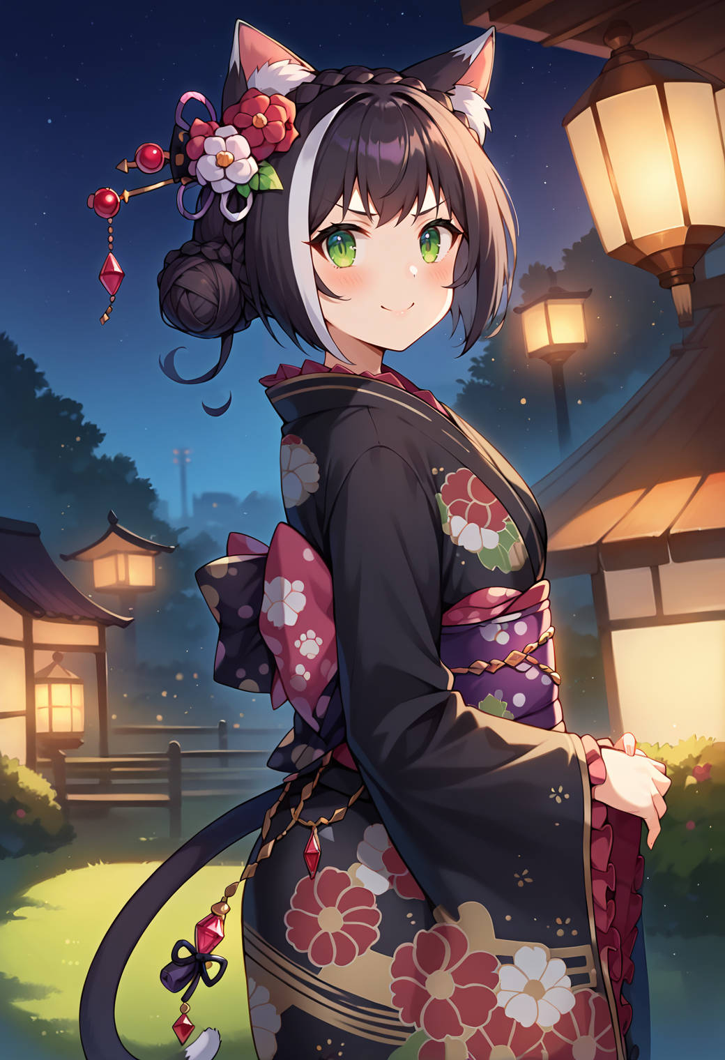 score_9, score_7_up, hd, (ultra hd quality details), source_anime, outdoors, lights, night,
solo, 1girl, kyarubase, streaked hair, cat ears, animal ear fluff, cat tail,
calny, hair flower, red flower, single hair bun, crown braid, black kimono, print kimono, frilled kimono, paw printed obi, floral print, purple obi, long sleeves, tail ribbon, gem,
looking at viewer, blush, smile, v-shaped eyebrows, 
standing, from side,
<lora:_karyl_elesico-pony-e19:0.9>
