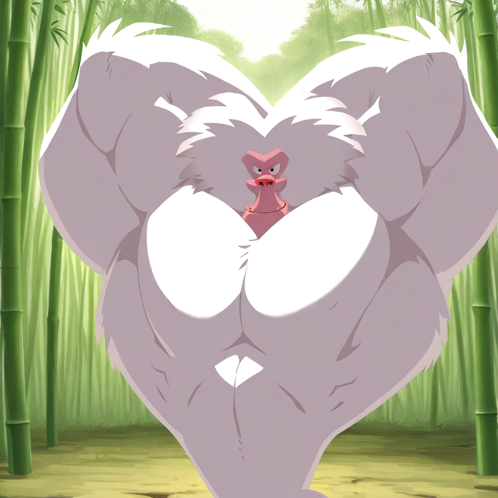absurdres, masterpiece, 4k, 8k, cinematic lighting, dynamic posing BREAK Baboon, white fur, primate, villain, 1boy, solo, arms down, smile, looking at viewer, pointing at viewer, large muscles, large pectorals, facing front BREAK bamboo forest