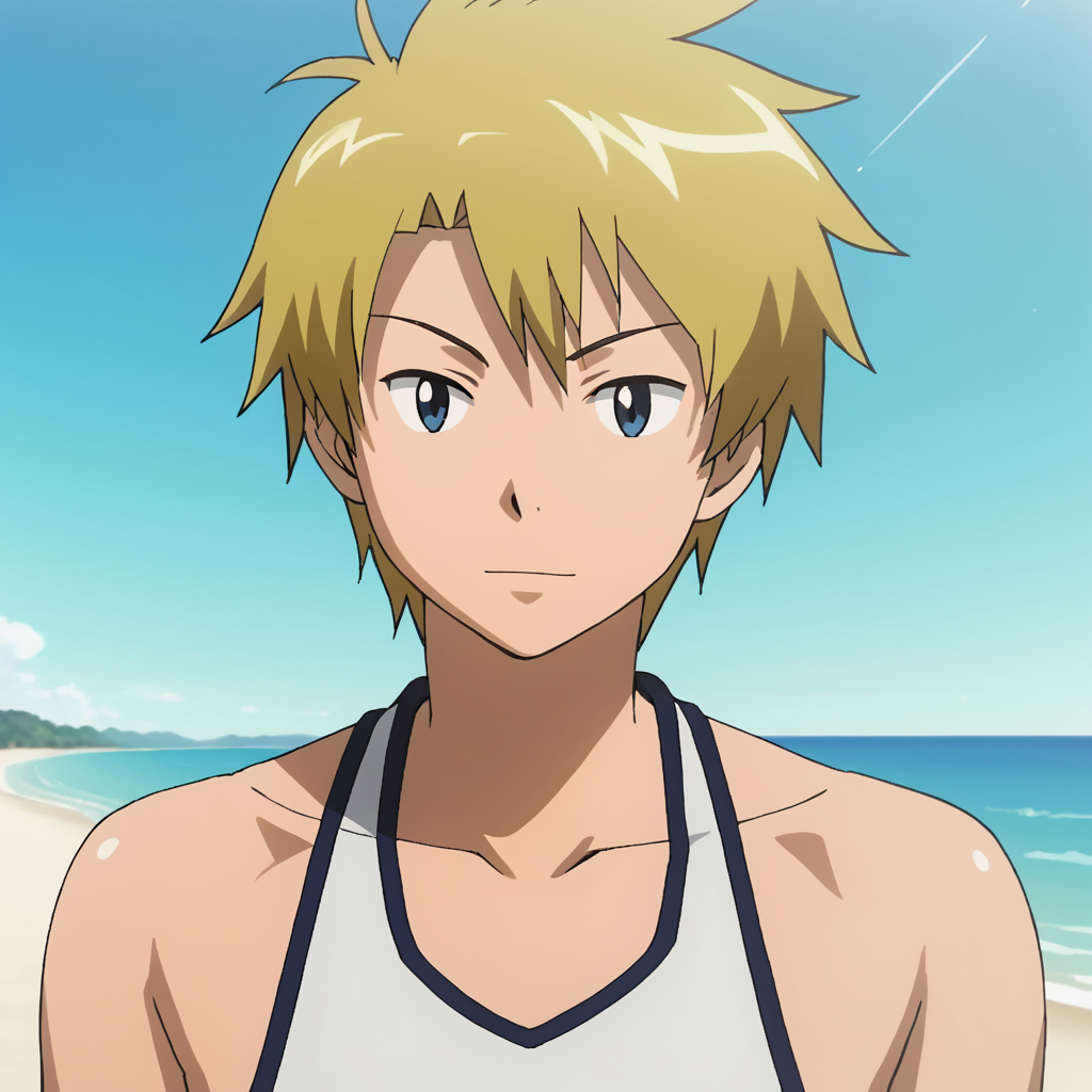 YaMattoTriV1,<lora:YaMattoTriV1-000009:1>,1boy,beach episode,solo,