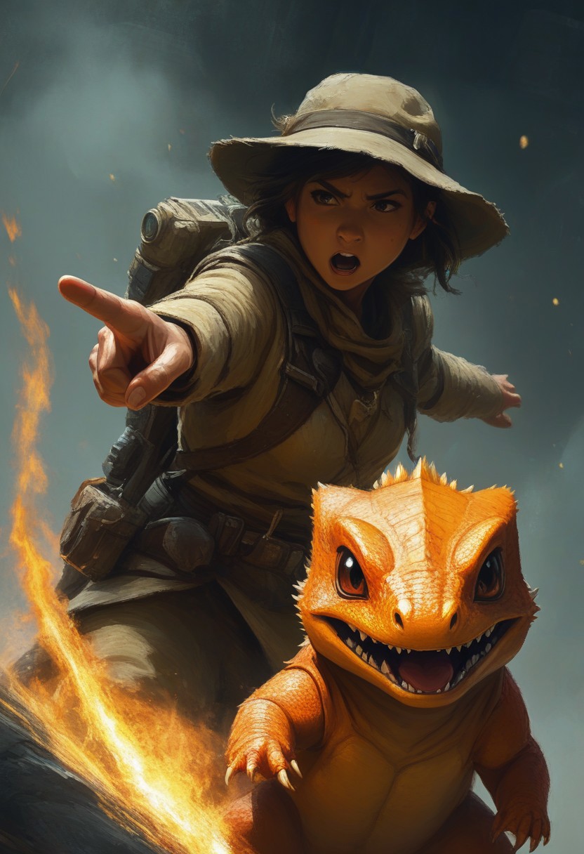 Ranger and charmander, Charging, pointing, fire lizard,