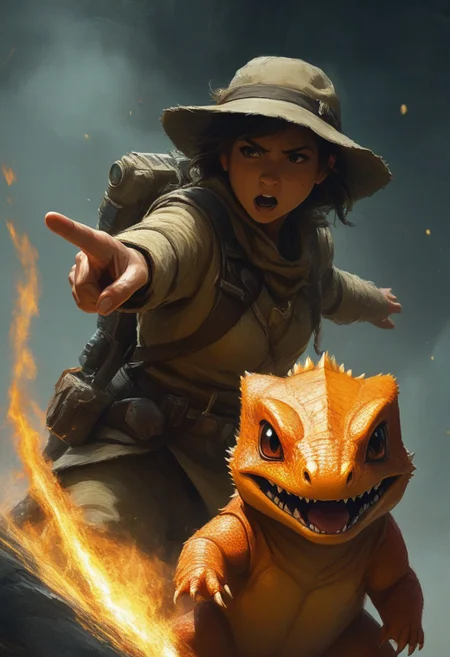 Ranger and charmander, Charging, pointing, fire lizard,