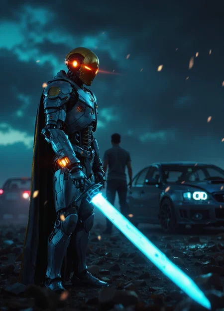 vaporwave style (photorealistic image:1.25) of a futuristic robot-like figure, bathed in hues of blue and orange, standing against a dark background that suggests a cloudy night sky. The figure is adorned with a gold-colored headpiece that houses glowing orange eyes, giving it an ethereal quality. Its body is covered in a suit of metallic plates in varying shades of blue and silver, adding to its mechanical appearance.
The robot is positioned on the left side of the image, holding a sword in its right hand and a shield in its left, poised as if ready for battle. Behind the figure, on the right side of the image, there's another human-like figure standing next to a car. The scene suggests a post-apocalyptic setting where these futuristic beings are battling amidst the remnants of human civilization.
This image combines elements of science fiction and action, creating a compelling narrative that leaves one wondering about the backstory of these characters and their world. The artist has skillfully used color, lighting, and composition to create a captivating visual experience. . retro aesthetic, cyberpunk, vibrant, neon colors, vintage 80s and 90s style, highly detailed