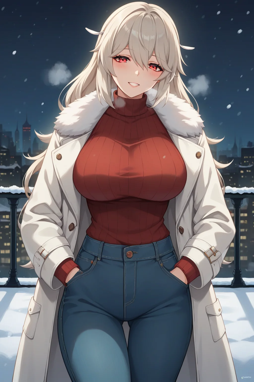 score_9, score_8_up, score_7_up, source_anime, 1girl, prefect lighting, very aesthetic, intricate details, highly detailed background, masterpiece, high quality, prefect hands, best quality, solo,
<lora:Alexandrina_Sebastiane_ZZZ_V1:.85>, KJOrina, long hair, hime cut, white hair, red eyes, half-closed eyes, hair between eyes,
Fur coat, heavy coat, jeans, fur boots, turtleneck, sweater,
standing, light smile, teeth, hands in pockets, head tilt, blush, heavy breathing,
Night, city, winter, snow,
(Beautiful, large Breasts:1.2), natural breasts,