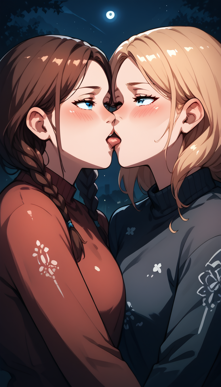 score_9, score_8_up, score_7_up, 2girls, close-up, tsk1ck1x, tongue suck, tongue out, kiss, moaning, blush, night, outdoors ADDCOMM
megpony, long hair, twin braids, blue eyes, brown hair, braid, red sweater ADDCOL
katedensonk1ck1x, black sweater
<lora:Kate_Denson_PonyV2:1>  <lora:MegPony:1>  <lora:TongueSuckPony:1>
