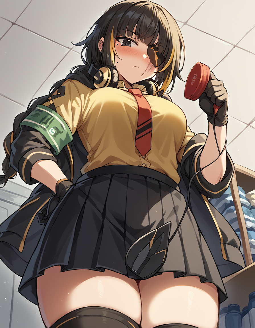 score_9, score_8_up, score_7_up, source_anime, <lora:girlsfrontline-m16a1-ponyxl-lora-nochekaiser:1>, m16a1, black hair, long hair, black eyes, streaked hair, yellow hair, bangs, braid, braided ponytail, eyepatch, mole, mole under eye, scar, scar on face,, armband, asymmetrical legwear, black gloves, black jacket, black legwear, black skirt, buttons, gloves, headphones, headphones around neck, hood, hooded jacket, jacket, knee pads, necktie, skirt, strap, unevent legwear, shirt, yellow shirt, hood down, mature female, medium breasts,, gym storeroom, equipment, supplies, cleaning, storage, , <lora:pec-pov-ponyxl-lora-nochekaiser:1> pec pov, pec pov (meme), meme, looking down, from below, blush, cowboy shot, looking at viewer, solo,, dutch angle, cowboy shot