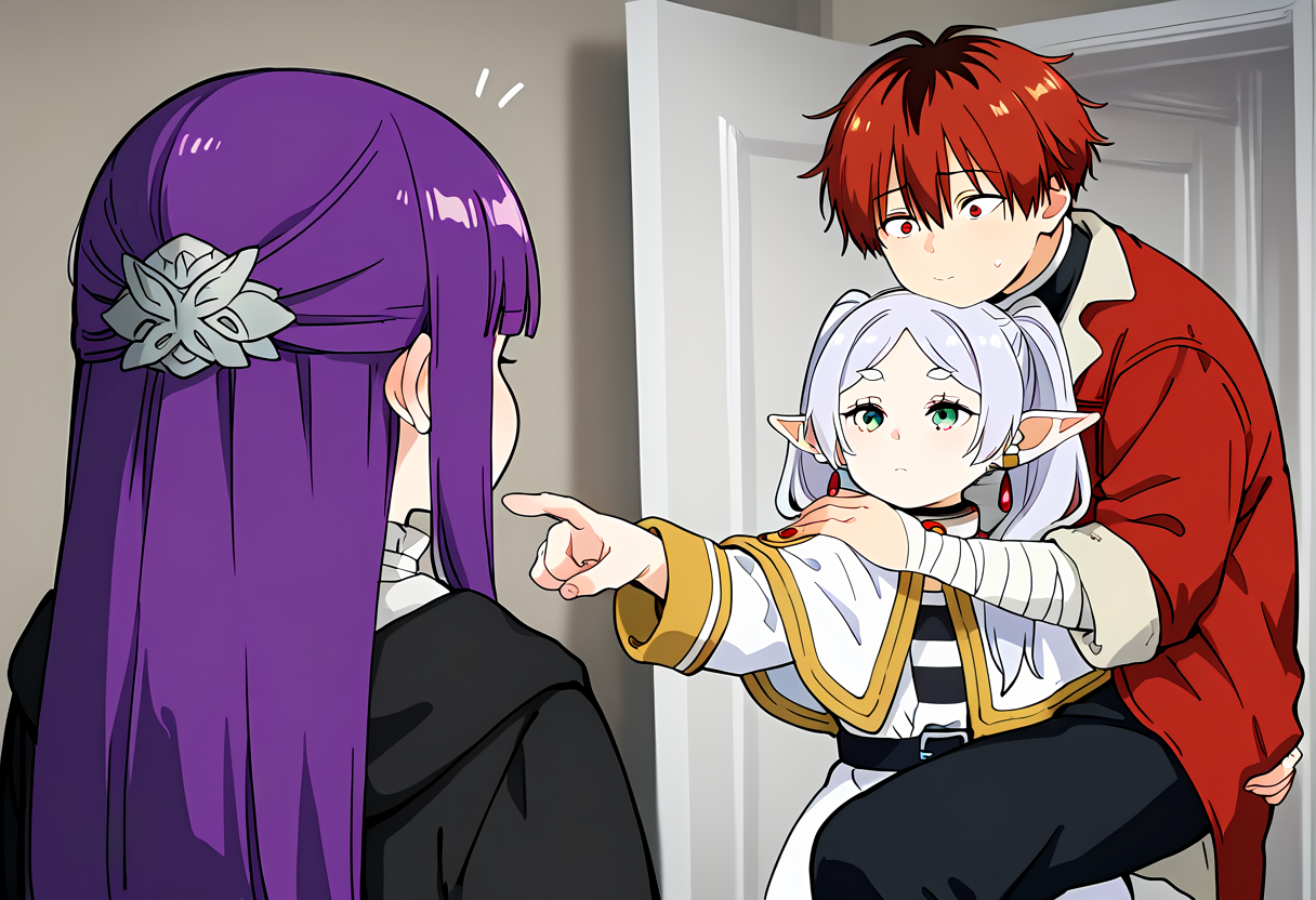 masterpiece, best quality, absurdres, protected kevin hert (meme), 2girls, 1boy, stark \(sousou no frieren\), frieren, fern \(sousou no frieren\), carrying, carrying person, pointing at another, 
<lora:protected_kevin_hert-10-NOOB:1>