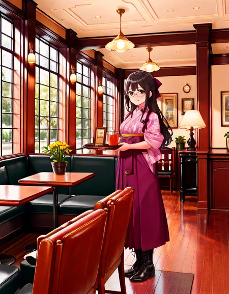 1girl,bashamichi,meiji schoolgirl uniform,yagasuri,japanese clothes,kimono,tasuki,hakama,purple long hakama skirts,lace-up boots,boots,cross-laced footwear,ribbon,hair ribbon,standing,holding tray,smile,
break,<lora:kissaten:0.9>,"kissaten",cafe,indoors,window,chair,table,scenery,lamp,painting \(object\),stained glass,sunlight,plant,couch,wooden floor,clock,potted plant,lamp,curtains,vase,flower pot,flower,tree,cup,reflection,ceiling light,stool,shelf,tablecloth,, masterpiece,best quality,amazing quality,highres,8k,newest,, black hair,long hair,glasses,mature female,