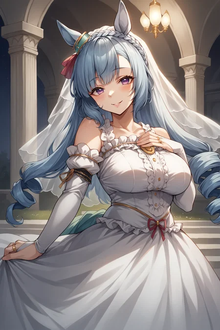 score_9, score_8_up, score_7_up, , rating_general ,1girl , ards, crown braid, horse ears, ear ornament, drill sidelocks, twin drills,  wedding dress, wedding ring, bridal gauntlets, bridal veil,  dynamic angle , source_anime    ,  cowboy shot, indoors, naughty face, smile, night, outdoors, <lora:ArdanPDCAME UMA:1>,
