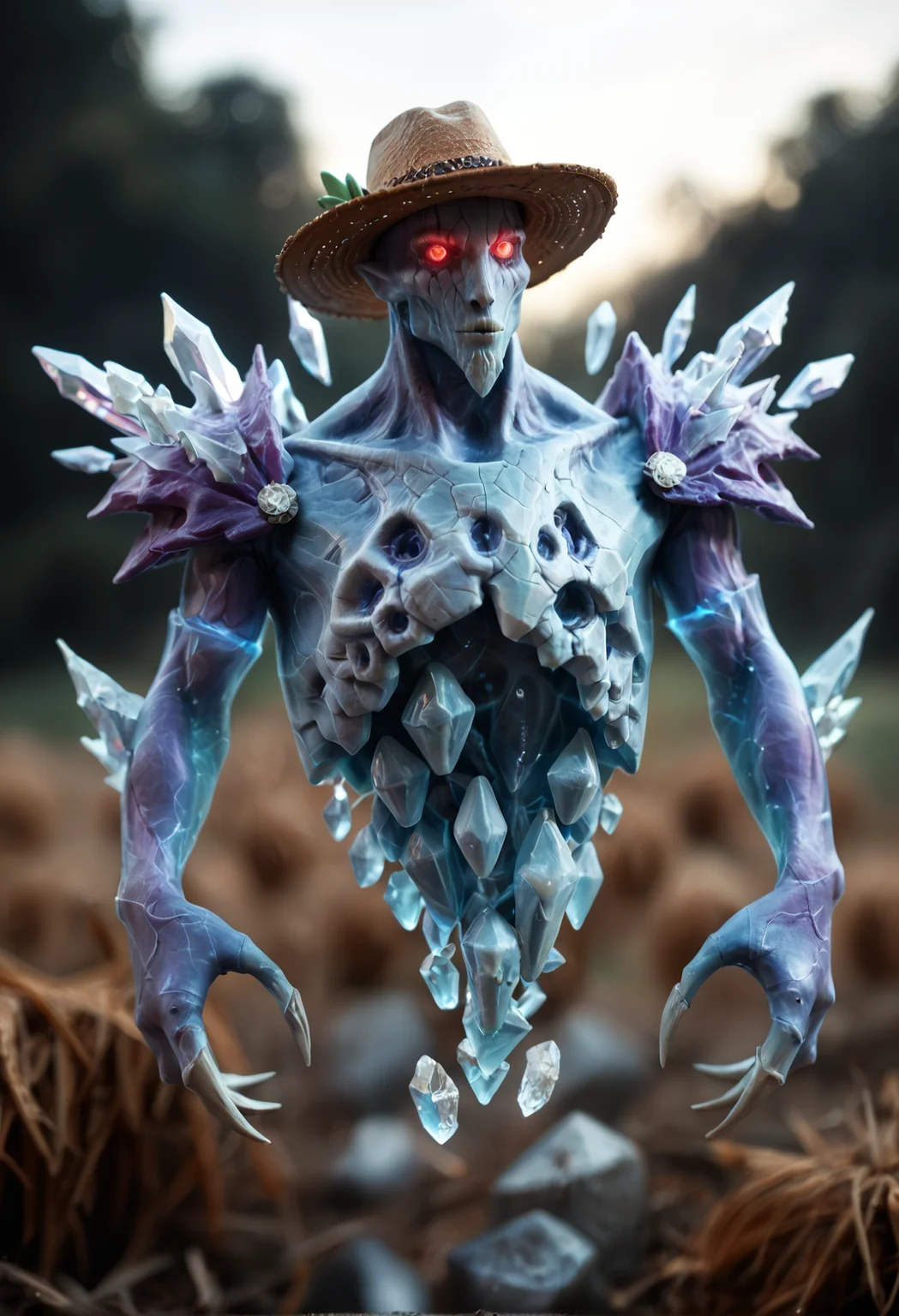 <lora:Ancient_Apparition_V2:1> ancient_apparition_v2, 
 monster, no humans, pokemon (creature),
red eyes,   glowing eyes, 
claws, spike
glowing, ice, crystal, floating,, score_9, score_8_up, score_7_up, score_6_up, derpibooru_p_95,
detailed eyes, beautiful, detailed background, perfect eyes,
blur censor, blurry, blurry background, blurry foreground, bokeh, motion blur,
chromatic aberration, depth of field, figure, focused,  focus
photography, realistic sun light and shadows, photorealism, UHD --ar 9:16 --style raw --stylize 700,
solo,
(wearing a farmer hat),, wheat fields and a barn in the background