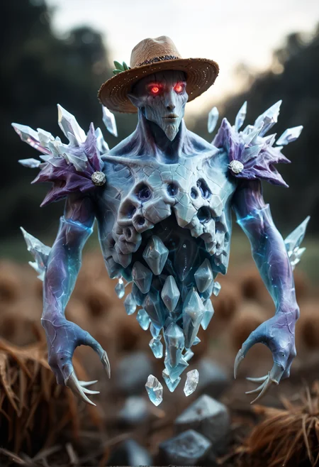 <lora:Ancient_Apparition_V2:1> ancient_apparition_v2,
monster, no humans, pokemon (creature),
red eyes, glowing eyes,
claws, spike
glowing, ice, crystal, floating,, score_9, score_8_up, score_7_up, score_6_up, derpibooru_p_95,
detailed eyes, beautiful, detailed background, perfect eyes,
blur censor, blurry, blurry background, blurry foreground, bokeh, motion blur,
chromatic aberration, depth of field, figure, focused, focus
photography, realistic sun light and shadows, photorealism, UHD --ar 9:16 --style raw --stylize 700,
solo,
(wearing a farmer hat),, wheat fields and a barn in the background