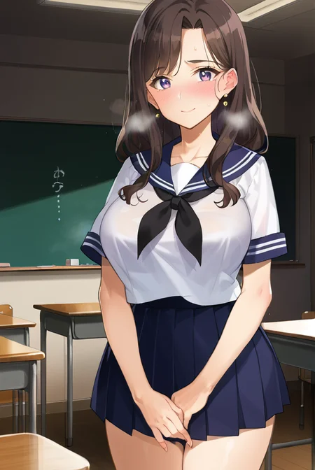 score 9,score 8 up,score 7 up,rating questionable,detailed background,aroused,cinematic lighting,dynamic lighting,source_anime,
<lora:oyari.pony:0.9>,oyari,rie,long hair,large breasts,wide hips,milf,40yo,
steaming body,sensual,alluring,sweatdrop,heavy breathing,
indoors,classroom,
school uniform,serafuku,sailor collar,blue sailor collar,shirt,white shirt,skirt,black skirt,pleated skirt,dark blue neckerchief,short sleeves,white sleeves,
(full-face blush),embarrassed,light smile,troubled eyebrows,