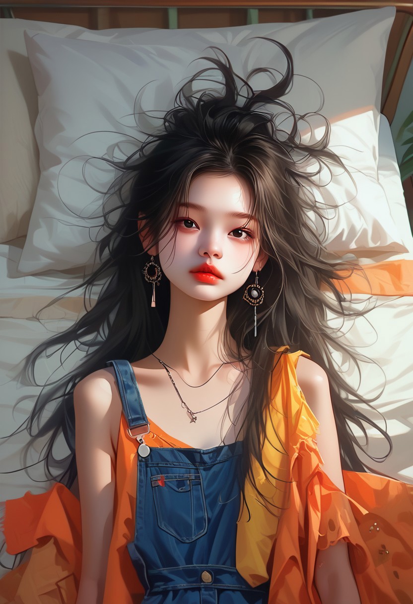 score_9, score_8_up, score_7_up, 8k uhd, masterpiece, best quality, high quality, absurdres, ultra-detailed, (highly detailed), OverallDetail, Expressiveh, 
,
((( 1girl, solo )))
,
((( Best view from above)))
,
((( Bed )))
,
((( ZionR, black hair, long hair, messy hair, black eyes)))
,
Beeak
,
((( Lying on the bed)))