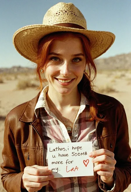 8n8log, A redhead, blue eyed, woman, late 30s, wearing a straw cowboy hat. She's also wearing a white and light-pink flannel shirt with a brown, tattered leather jacket. A losangular pendant hangs from her neck. She is smirking and holding a card with text "Lathos, i hope u have 500mb more for my LoRA" and hand drawn with pencil red heart. Ponytail hairstyle, Mojave desert environment. film photography aesthetic, film grain effect prominent throughout image, high contrast lighting creating dramatic shadows, grainy film-like texture