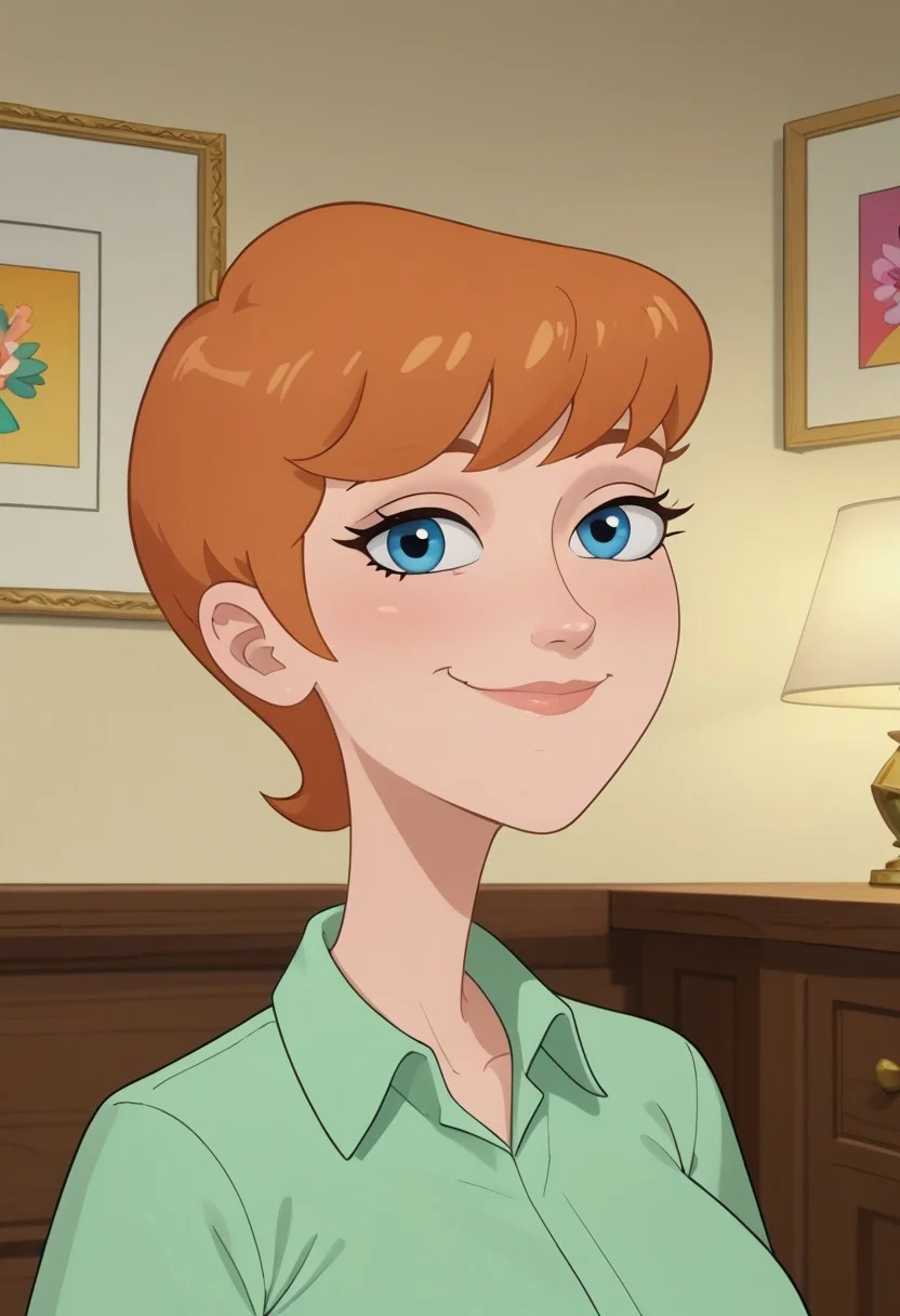 ((bedroom background)),score_9, score_8_up, score_7_up,score_6_up,
1girl, Solo, BrigetteM_MM, light skin, light blue eyes, light orange hair, short hair, small pointed nose, light green short-sleeved shirt, blue-gray pants, light brown shoes, big eyes, medium stature, social smile, sexy face, close-up, face photo, perfect eyes, perfect smile, looking at the viewer, big breasts