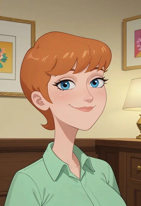 ((bedroom background)),score_9, score_8_up, score_7_up,score_6_up,
1girl, Solo, BrigetteM_MM, light skin, light blue eyes, light orange hair, short hair, small pointed nose, light green short-sleeved shirt, blue-gray pants, light brown shoes, big eyes, medium stature, social smile, sexy face, close-up, face photo, perfect eyes, perfect smile, looking at the viewer, big breasts