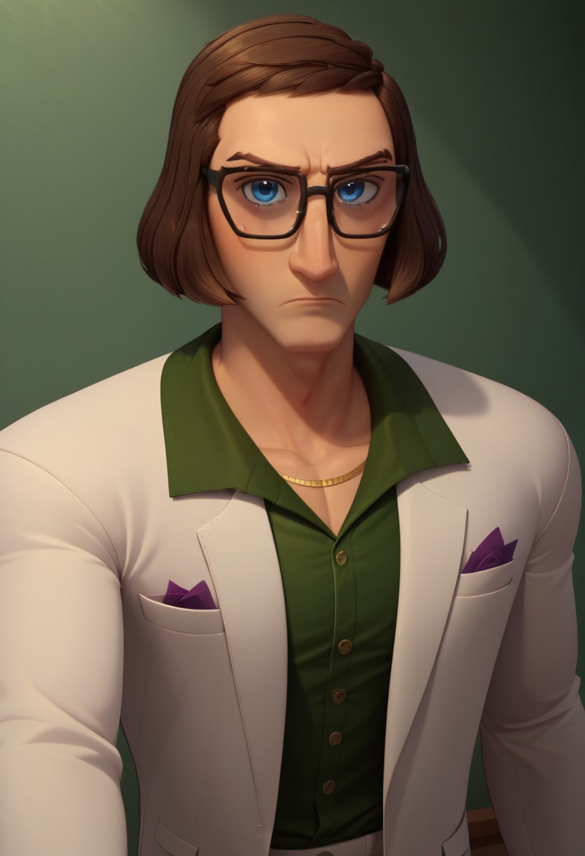 ((bedroom background)),score_9, score_8_up, score_7_up,score_6_up, 
1boy, solo, SuperScott_HI, light skin, blue eyes, dark brown hair, long-haired bob-cut, glasses, dark brown eyebrows, white blazzer, patterned dark green shirt, formal white pants, purple napkin in blazzer pocket, gold watch on arm, formal black shoes, expression serious, upset, big eyes, close-up, cowboy shot, perfect eyes, looking at the viewer, wide shoulders, broad chest, defined arms, tall stature, raising a fist