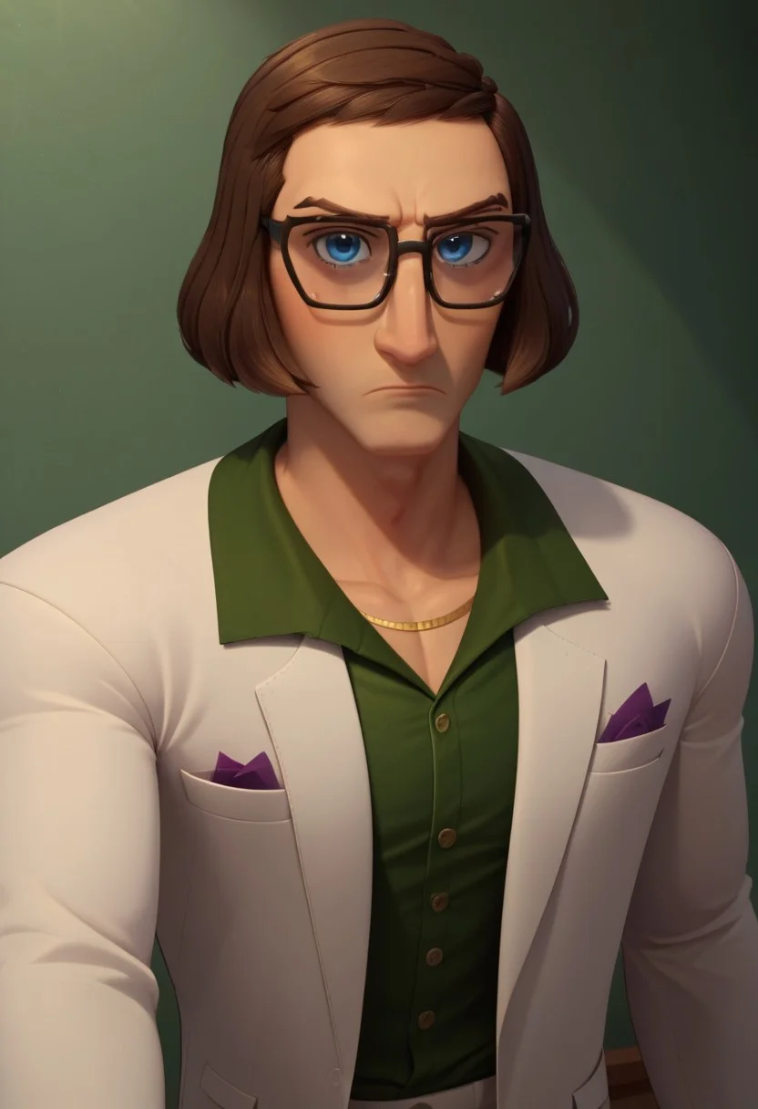 ((bedroom background)),score_9, score_8_up, score_7_up,score_6_up,
1boy, solo, SuperScott_HI, light skin, blue eyes, dark brown hair, long-haired bob-cut, glasses, dark brown eyebrows, white blazzer, patterned dark green shirt, formal white pants, purple napkin in blazzer pocket, gold watch on arm, formal black shoes, expression serious, upset, big eyes, close-up, cowboy shot, perfect eyes, looking at the viewer, wide shoulders, broad chest, defined arms, tall stature, raising a fist