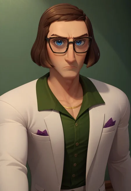 ((bedroom background)),score_9, score_8_up, score_7_up,score_6_up, 
1boy, solo, SuperScott_HI, light skin, blue eyes, dark brown hair, long-haired bob-cut, glasses, dark brown eyebrows, white blazzer, patterned dark green shirt, formal white pants, purple napkin in blazzer pocket, gold watch on arm, formal black shoes, expression serious, upset, big eyes, close-up, cowboy shot, perfect eyes, looking at the viewer, wide shoulders, broad chest, defined arms, tall stature, raising a fist