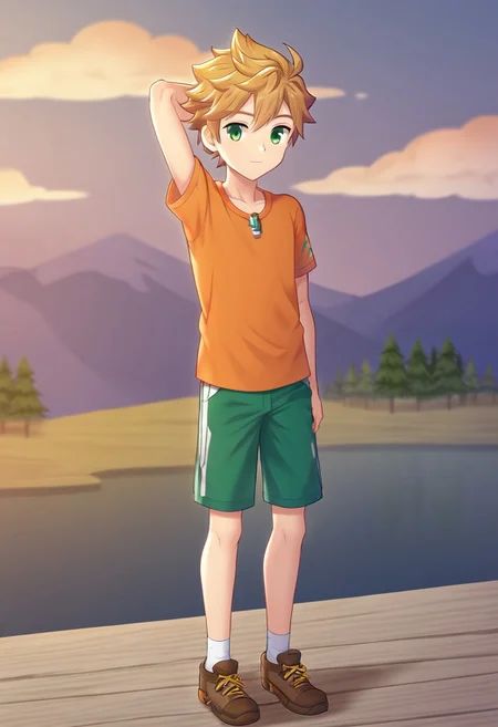 connor, blond hair, bangs. green eyes, short hair, camp buddy, boy, wear orange shirt, solo, young, small body, white half pants, outdoor, sunny day, clear sky, proportional body, (balance body:1.20), strong leg