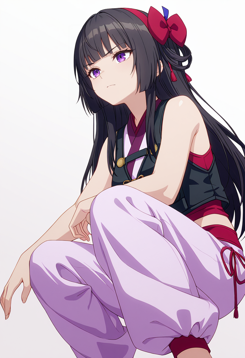Smooth Quality,masterpiece,very intricate, high quality details, ultra realistic, high detailed skin,detailed enviorement,absurdres,
 <lora:Amatsu_Karla_CNR:0.8> amatsu_cnr, 1girl,black hair, long hair, purple eyes, blunt bangs, sidelocks,hair bow, hairband,, simple background, white background, from below,
crouching, one hand on ground, other on knee, intense gaze, balanced stance,  ,pain,, button-up vest, ,sleeveless shirt, ,harem pants,  ,