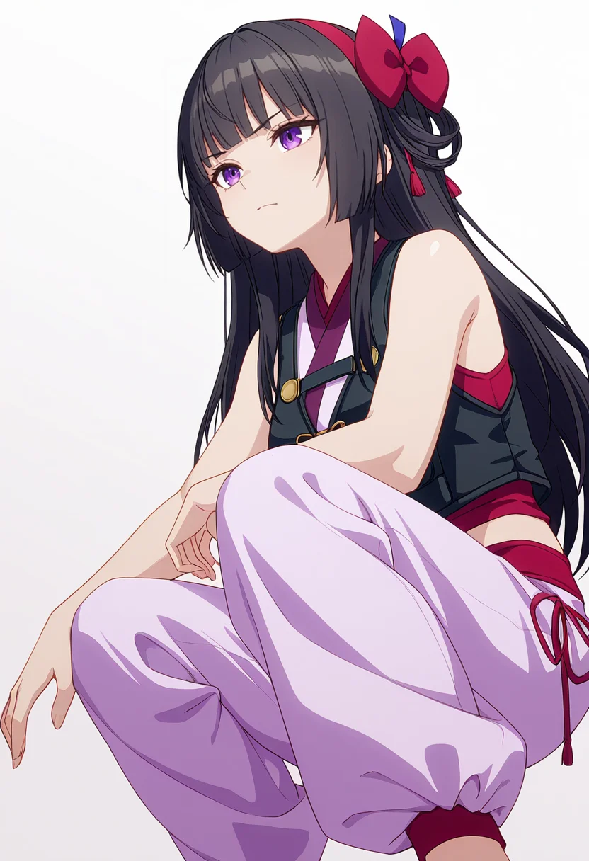 Smooth Quality,masterpiece,very intricate, high quality details, ultra realistic, high detailed skin,detailed enviorement,absurdres,
<lora:Amatsu_Karla_CNR:0.8> amatsu_cnr, 1girl,black hair, long hair, purple eyes, blunt bangs, sidelocks,hair bow, hairband,, simple background, white background, from below,
crouching, one hand on ground, other on knee, intense gaze, balanced stance, ,pain,, button-up vest, ,sleeveless shirt, ,harem pants, ,