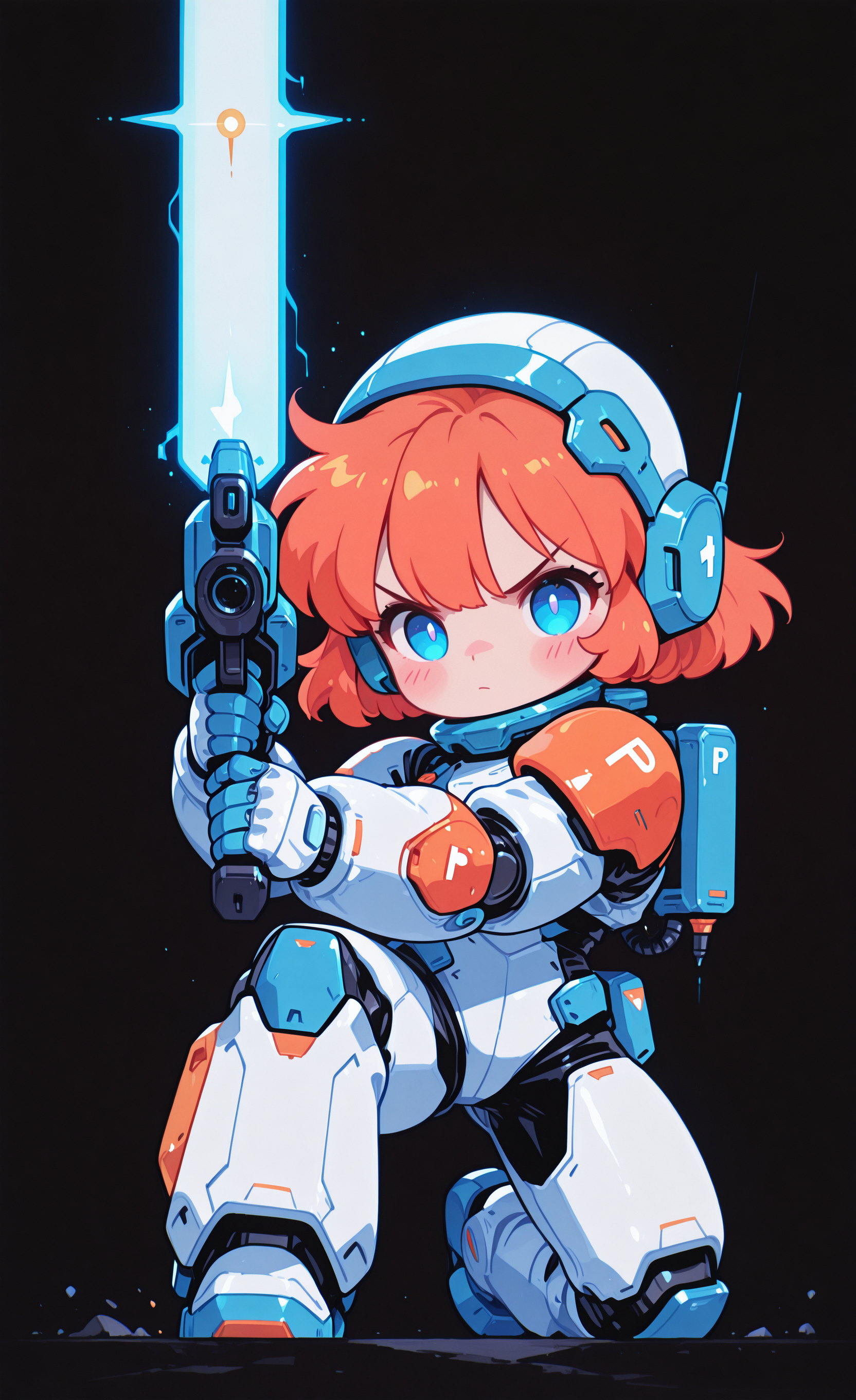 masterpiece, best quality, good quality, newest, highres, absurdres, 1girl, solo, mecha musume, short hair, blue eyes, orange hair, v-shaped eyebrows,
looking at viewer, blush, holding, Kneel down on one knee, aiming,
full body, black background, holding beam rifle, chibi, (power armor:1.2), helmet, spacesuit, energy gun, science fiction, melanch0ly, retro anime,
hkmecha <lora:illustriousXL_stabilizer_v1.23:0.3> <lora:NOOB_vp1_detailer_by_volnovik_v1:0.3> <lora:ponyv6_noobE11_2_adamW-000017:0.45> <lora:checkpoint-e18_s306:1.5> <lora:MechaKnightsIL:0.6> <lora:haiz_ai_illu:0.7> <lora:MelancholyAnime:0.7000000000000001>
