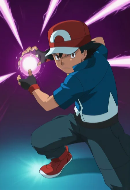 masterpiece, best quality, PokemonStyle, ashxyz, 1boy, male focus, solo, brown eyes, black hair, bangs, hat, baseball cap, red footwear, shirt, black shirt, jacket, blue jacket, short sleeves, gloves, black gloves, fingerless gloves, kamehameha, energy ball, aura, looking at the viewer, serious face